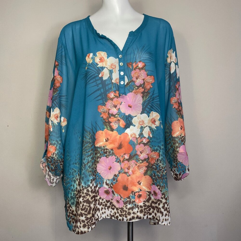 Multiples Blouse Size 1X Tunic Button Front Top Shirt Sheer 3/4 Sleeve Floral